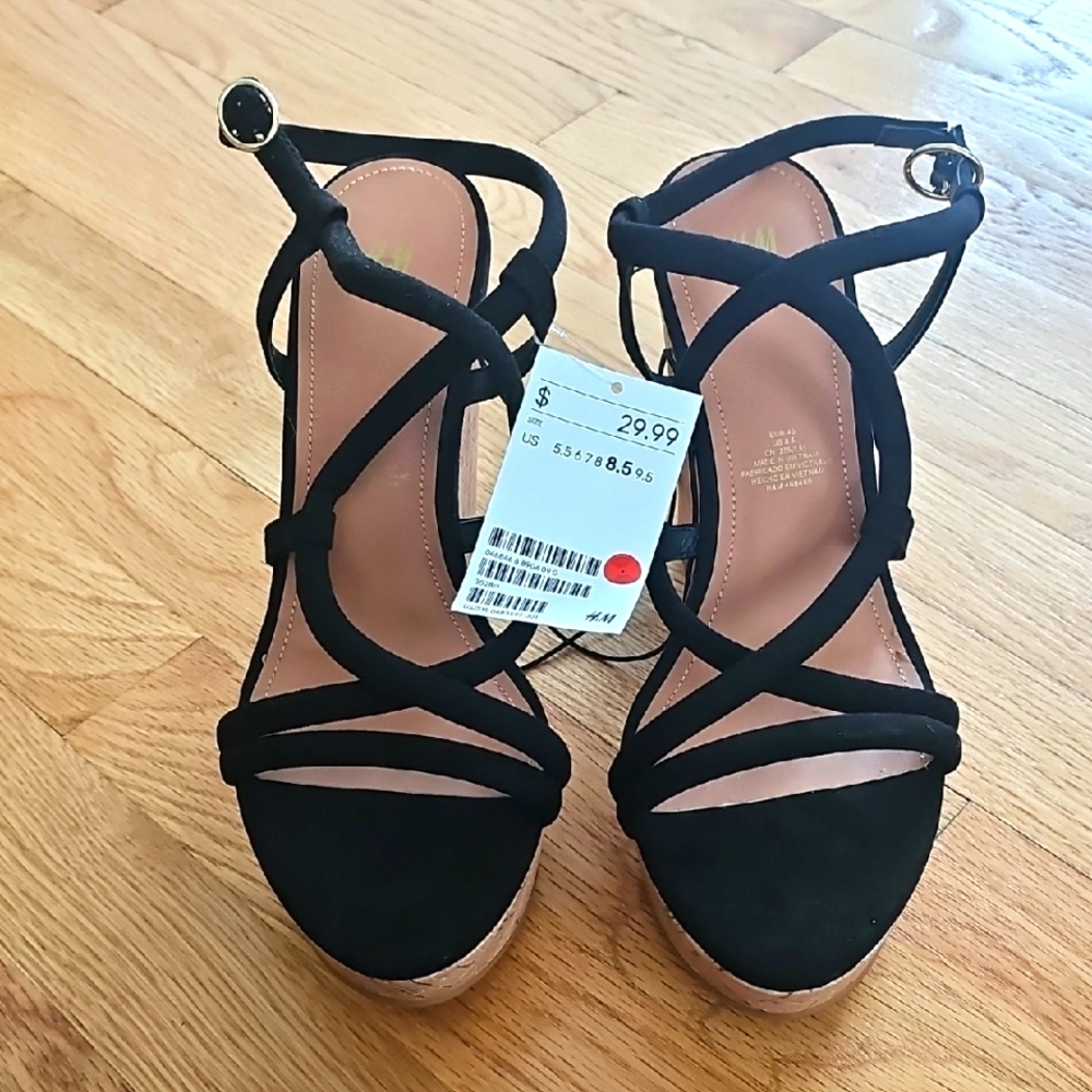 H&M Velvet Suede Black Strappy Cork Wedge Ankle Wrap Sandals Size 8.5 NWT